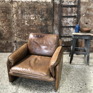 Fauteuil vintage cognac De Sede DS61 + ottoman pouf