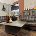 Table basse vintage en cuir et pierre naturelle